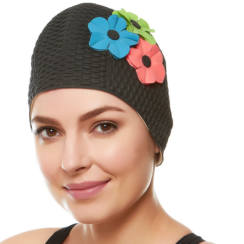 Beemo Latex Swimming Cap for Women, Swim Cap for Long Hair or Short Hair, Bath & Swim Caps to Shield Hair from Damage, Use as Large Shower Cap, Black Swimming Cap with Pink, Green & Blue Flowers - Image 1